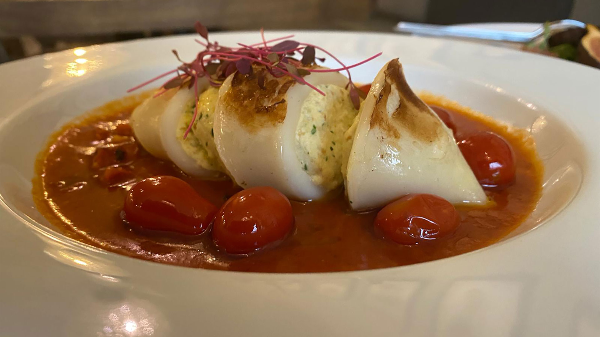 rilled Stuffed Squid With Ricotta On A Spicy Tomato Salsa With Chorizo